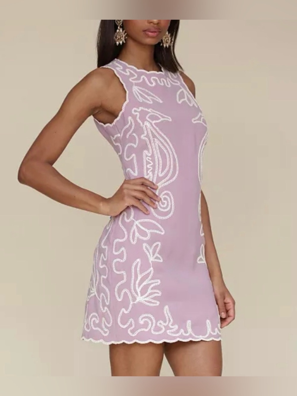 🌺 Avec Les Filles Lavender Embroidered Scallop Hem Shift Dress